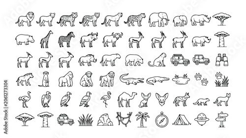 Photography Safari animals vector icon set, hand-drawn wildlife and nature elements, African savanna fauna and adventure travel symbols, black and white outline illustrations for branding and web design