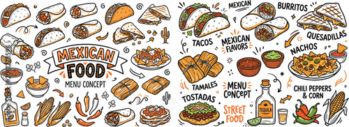 Hand drawn Mexican food menu concept with various dishes and ingredients in flat design style