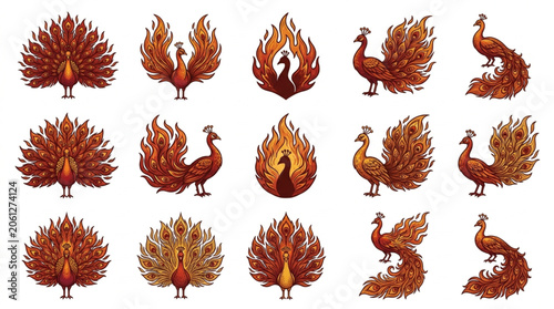 Photography Collection of Fiery Phoenix Birds in Various Poses.