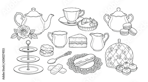 Elegant afternoon tea vector line art collection, vintage tea party essentials, hand-drawn dessert and beverage set, sophisticated cafe menu graphics