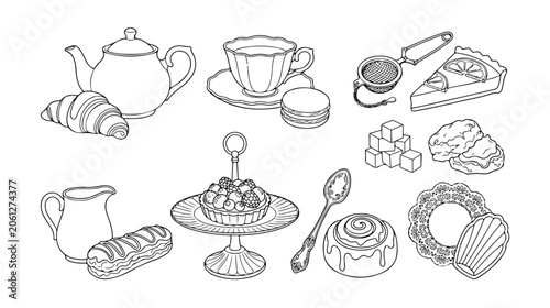 Elegant line art tea time dessert collection, 12 black and white vector icons, classic French pastries and sweet treats, perfect for cafe menus and bakery branding.