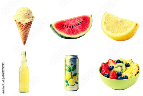 Assorted summer food items including ice cream, fruits, and drinks  