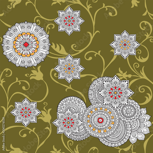 floral pattern with paisley design on green background.Mandala and Floral Swirl Pattern Background