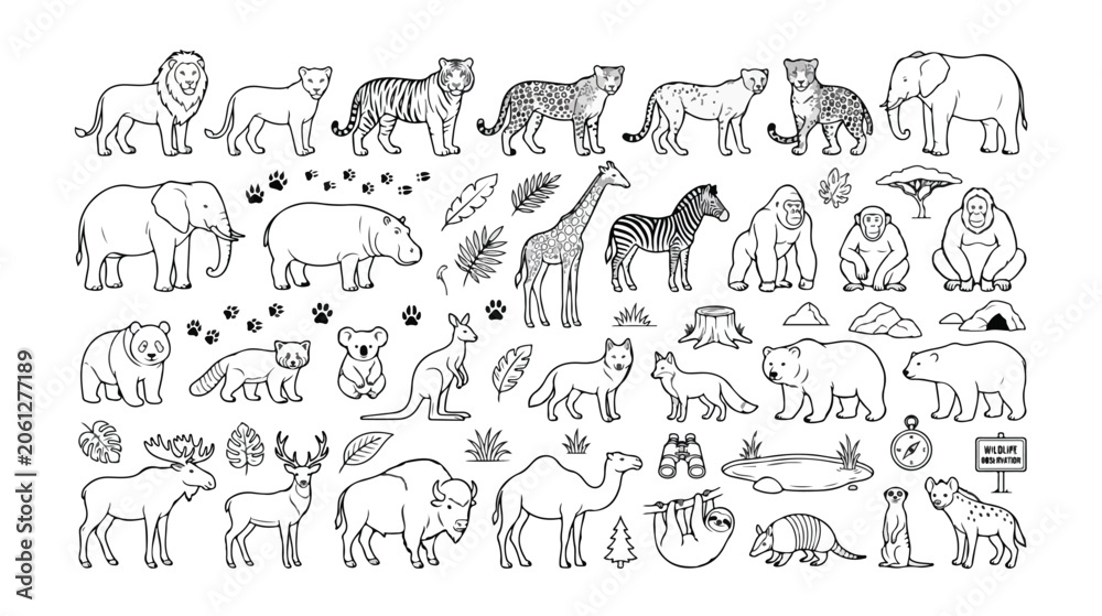 Fototapeta premium Safari animals vector collection, hand-drawn wildlife illustrations, zoo animal line art, nature and jungle creatures, black and white animal icons for educational designs