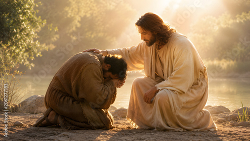 Jesus christ comforting a kneeling man by a river at sunset