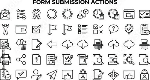 Form Submission Actions Outline Icon Set With Approval Upload Document Security And Interface Workflow Symbols Tools