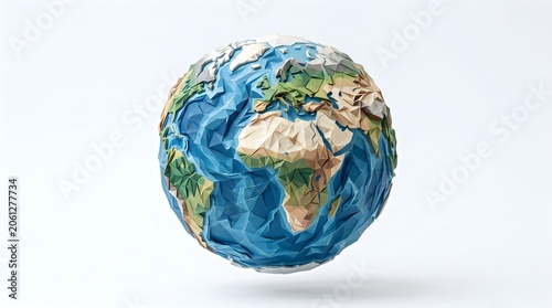 3D low poly paper-cut style Earth globe with detailed continents and oceans, isolated on white with copy space. Eco, sustainability, climate and world concept.

