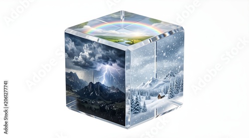 Transparent 3D cube showing different weather scenes—thunderstorm, snowfall, and sunny landscape with rainbow. Climate and seasons concept, isolated on white with copy space.