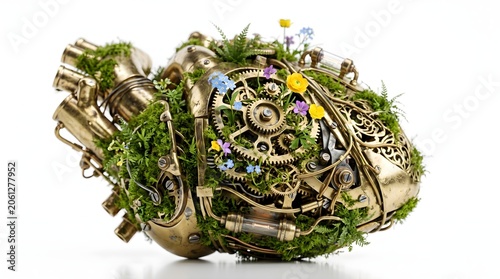 Brass steampunk heart with gears and wires, overgrown with moss and wildflowers. Nature meets technology concept, isolated on white with copy space for eco and innovation themes.