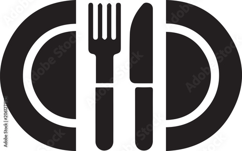 Black fork knife plate icon graphic.