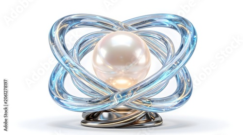  Iridescent pearl sphere surrounded by glowing transparent glass loops on a clean white background. Modern abstract 3D render for luxury, tech, and minimalist wallpaper.