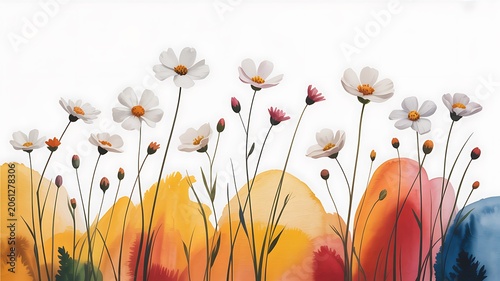 Assortment of wildflowers with slender stems rises above brightly colored watercolor hills under soft light