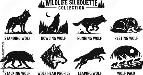 Foto Wolf Silhouette Vector Collection Featuring Standing Howling Running Stalking Le
