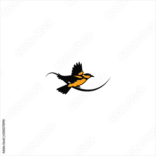 Baltimore Oriole Bird Perched on a Curved Branch, Orange and Black Songbird Vector Illustration, Minimalist Nature Design Isolated on White Background for Logos, Icons, and Creative Projects.