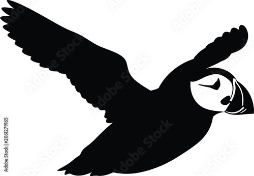 Flying Puffin Silhouette Icon, Black Atlantic Puffin Seabird Vector Graphic, Bird in Flight Symbol, Isolated Minimalist Arctic Wildlife Design for Logos, Web Design, and Creative Projects.