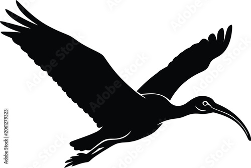 Flying Ibis Silhouette Icon, Black Bird with Long Curved Beak Vector Graphic, Sacred Ibis in Flight, Isolated Minimalist Nature Design for Logo, Web Design, and Creative Art Projects.