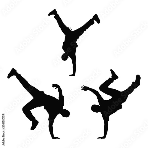 Fotografie Silhouettes of people doing breakdancing moves isolated on white background icon
