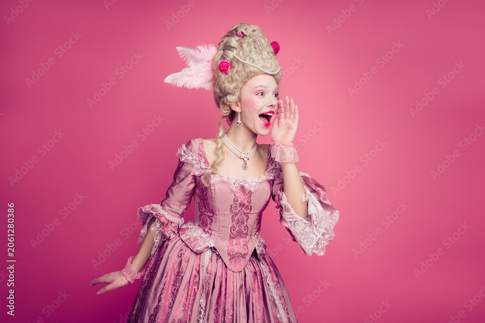 Fototapeta premium Photo of excited lady countess hands shouting empty space wearing antique style dress isolated pink color background