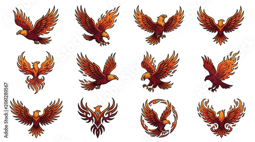 Photography Collection of Stylized Phoenix Bird Illustrations in Various Poses