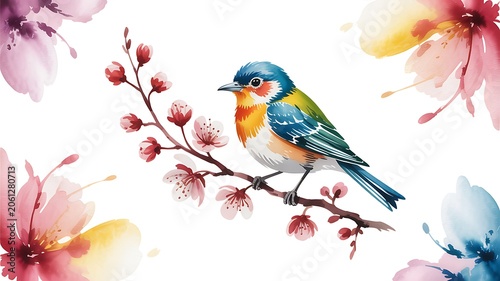 Beautiful colorful bird perched on a blossoming cherry branch surrounded by delicate watercolor paint splatters