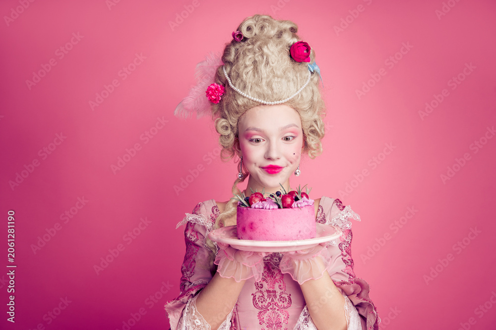 Fototapeta premium Photo of gorgeous excited lady dressed pompous rococo costume enjoying tasty cake empty space isolated pink color background