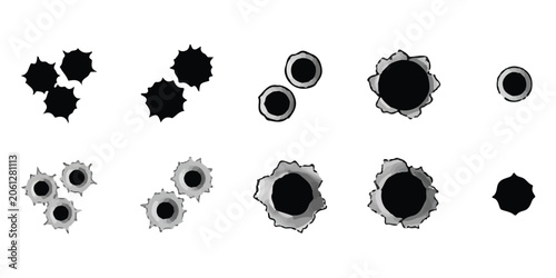 Set of various black and grey bullet hole icons and gun shot marks