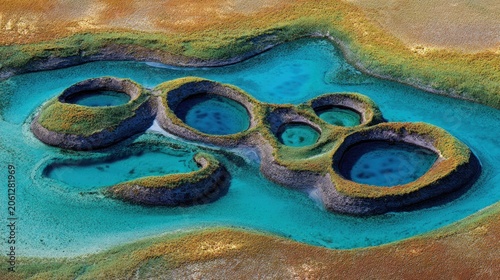 Abstract topographic landscape with colorful waters and unique formations