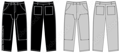 Wide Leg Cargo Pants Technical Flat Sketch Front and Back View . Fashion Apparel Template