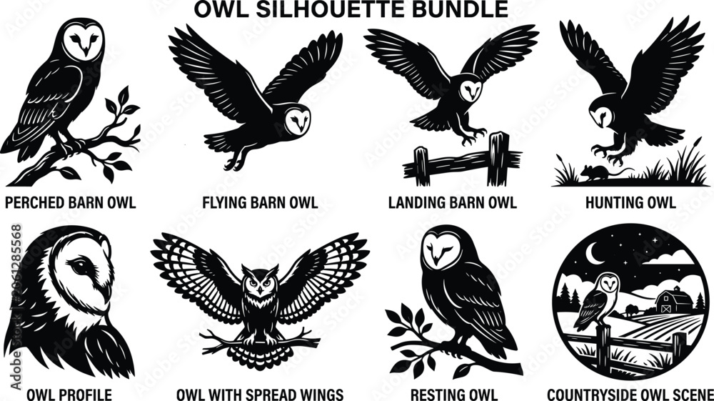Obraz premium Barn owl silhouette bundle with flying perched and hunting vectors isolated on white background