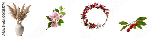 Decorative floral arrangements featuring pampas grass and cherry blossoms  