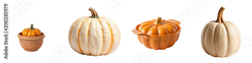 Assorted pumpkins in various sizes and colors on white background  
