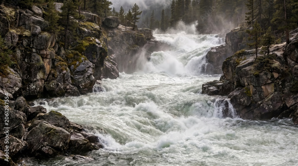 Obraz premium Fast-flowing river cutting through a rocky forest landscape, showcasing the raw power and beauty of untouched nature.
