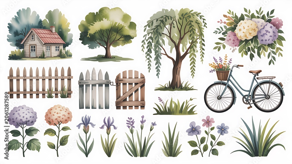 Obraz premium Beautiful watercolor set of rural and garden items like a small house, trees, fencing, and bicycle