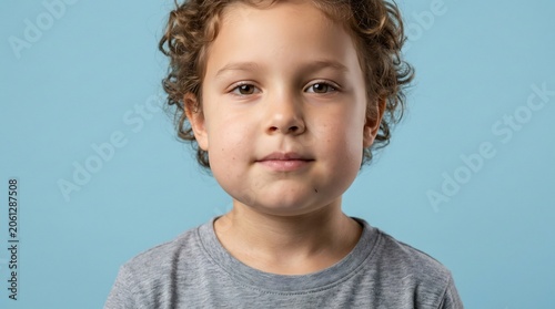 Close-up portrait of a young child with curly hair showing facial asymmetry and swelling in the jaw area against a blue background