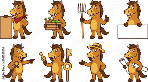 Cuadro en lienzo Cute Horse Mascot Character Collection with Farmer, Builder, Winner, Landowner,
