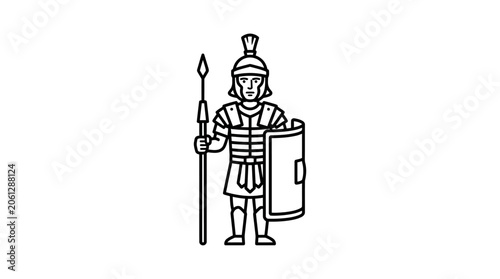 Photos A simple line drawing of a Roman soldier standing with a spear and shield on a white background