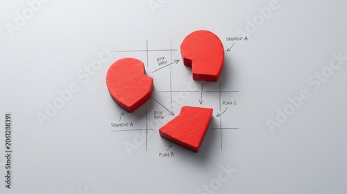 Three red wooden puzzle pieces arranged on a white surface with sketched arrows and labels illustrating different paths and segments.