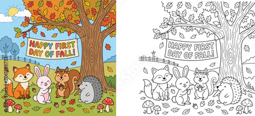 Happy First Day of Fall Coloring Page for Kids with Cute Forest Animals, Autumn Tree, and Banner, Colored and Black and White Line Art Illustration Set