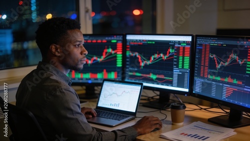 Financial Analyst Working on Computer with Multi-Monitor Workstation with Real-Time Stocks, Commodities and Exchange Market Charts. African American Trader Works in Investment Bank Late at Night.