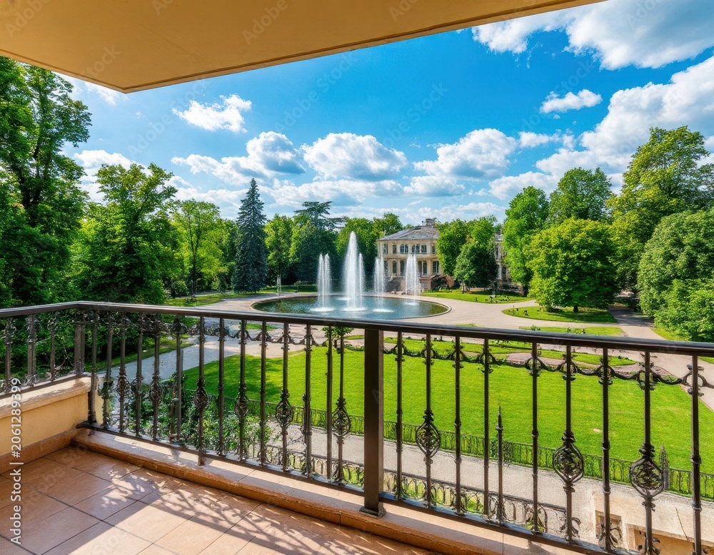 Fototapeta premium Scenic view from balcony overlooking a landscaped garden with a fountain and historical building under a blue sky with fluffy clouds in a park setting