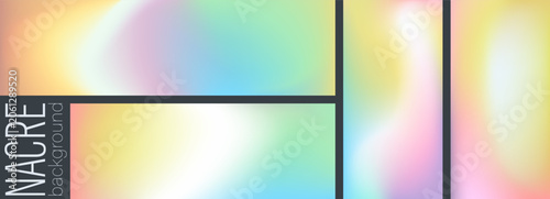 Set of holographic nacre backgrounds with flowing rainbow gradient waves, watercolor pearl texture, abstract pastel bg in soft neutral tones. Horizontal vector illustration for minimal design