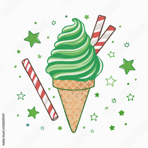 Green Swirl Ice Cream Cone with Wafer Sticks and Stars