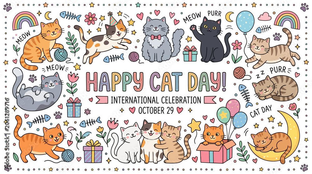 Obraz premium Happy cat day celebration illustration with cute cartoon cats, kittens, balloons, gifts, flowers, and stars, festive handdrawn doodle style