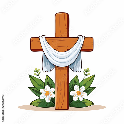 Wooden Cross with White Cloth and Flowers