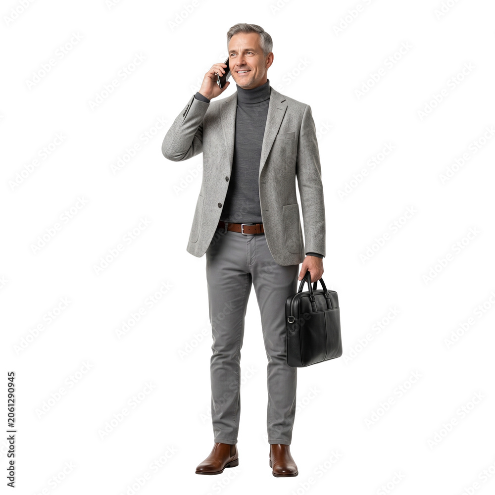 Fototapeta premium Business Man Talking on Phone Holding Briefcase