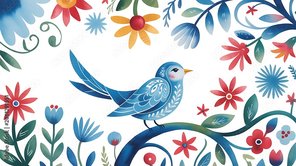 Fototapeta premium Blue bird perched on a branch surrounded by colorful folk art inspired floral patterns