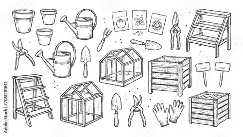 Bild auf Leinwand A detailed hand-drawn collection of various gardening tools and equipment, including pots, watering cans, shovels, shears, seed packets, greenhouses, crates, and gloves