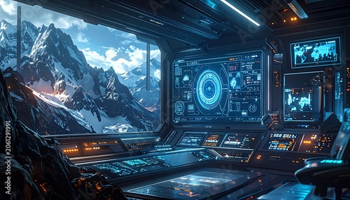 Futuristic control room with mountain view.