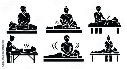 Massage therapy silhouettes depicting various treatments black on white background