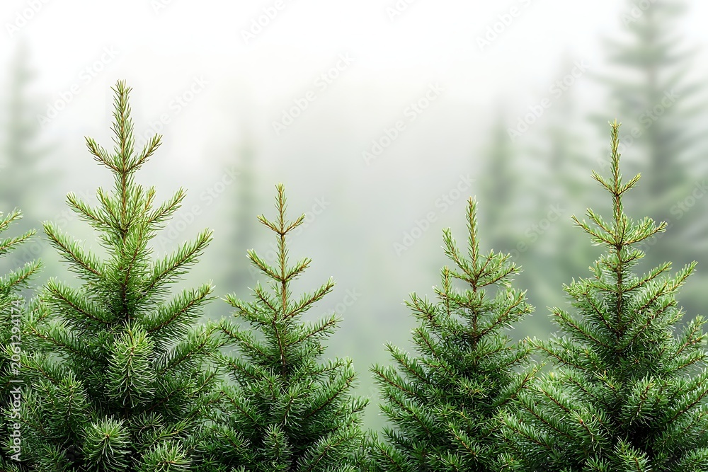 Obraz premium Young Evergreen Pine Trees in Foggy Forest, Natural Landscape with Coniferous Trees and Misty Atmosphere